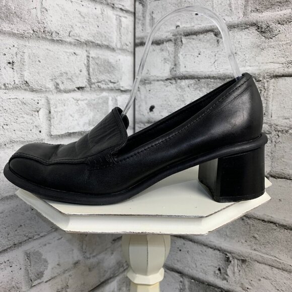 Vintage 90's Predictions Square Toe Black Leather Block Heel Loafer - Picture 2 of 10